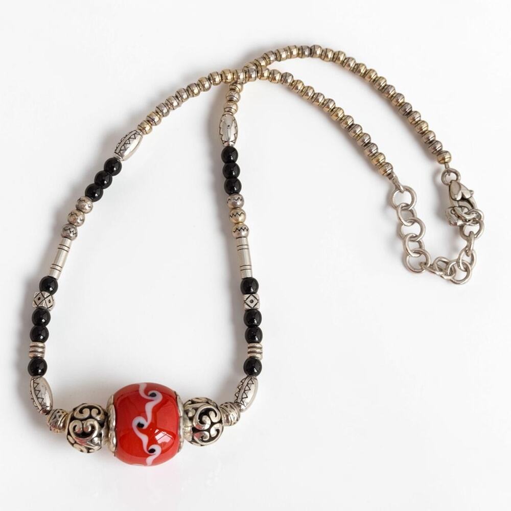 Brighton Moroccan Beaded Statement Necklace Red Ceramic Silver Plated Retired